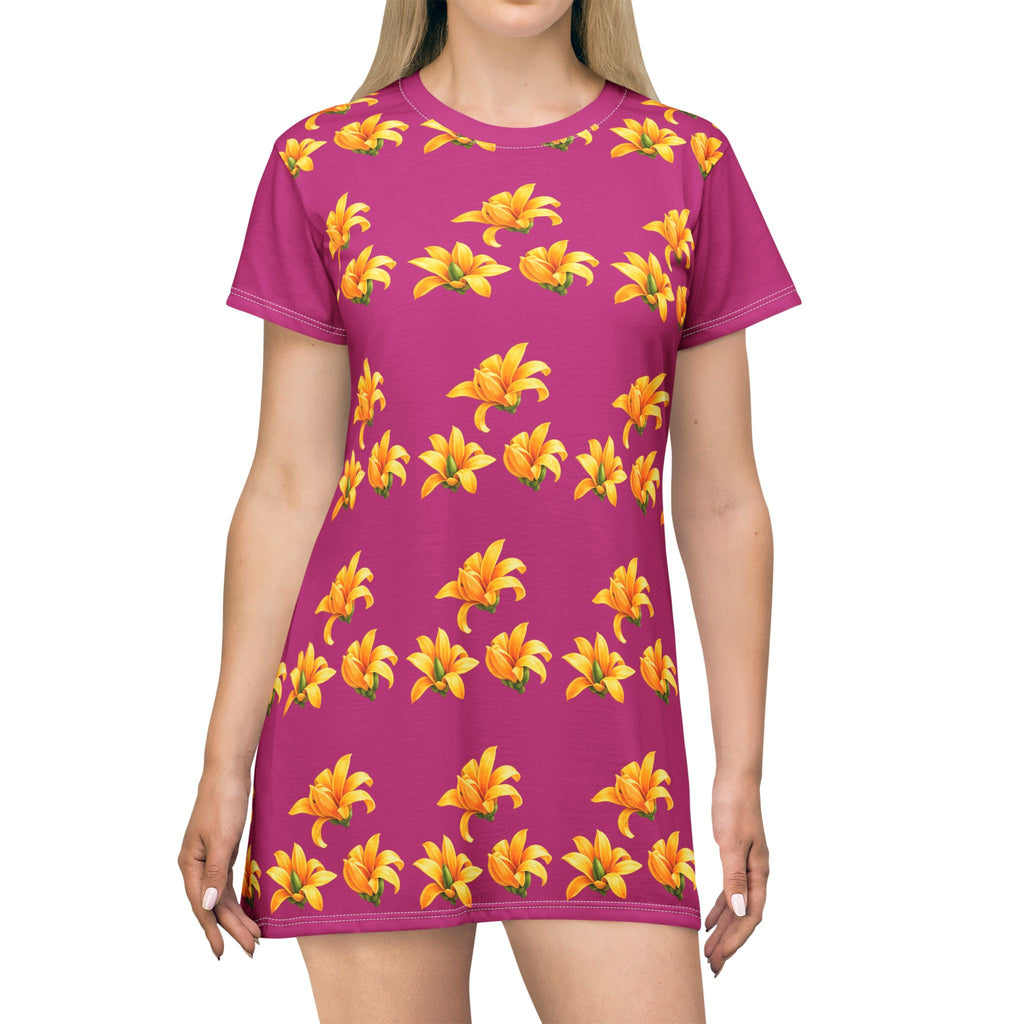 Pink Floral T-Shirt Dress — All-Over Yellow Lily Pattern, Casual Summer Dress