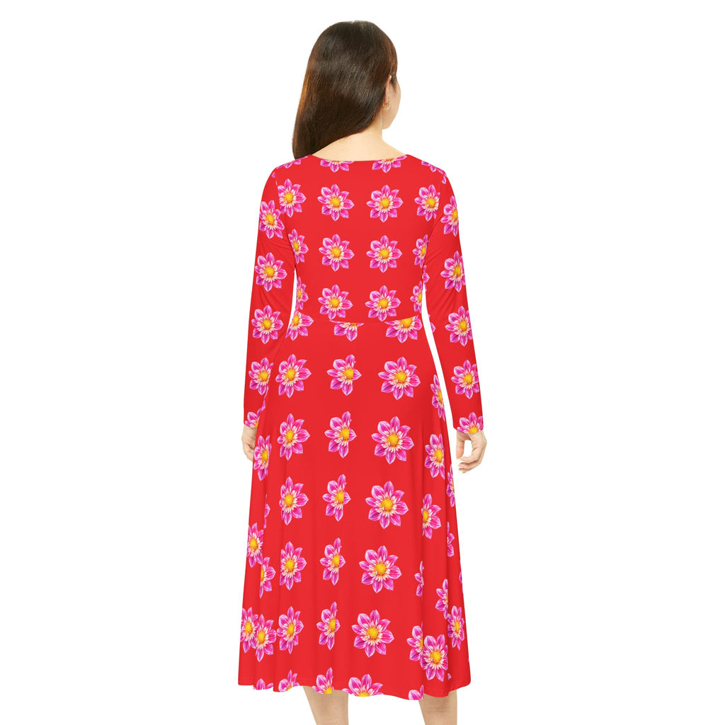 Red Floral Pink Sunburst Long Sleeve Dance Dress
