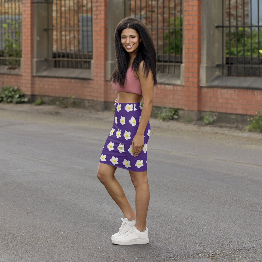 Floral White Gardenia Pencil Skirt — Purple Mid‑Waist AOP