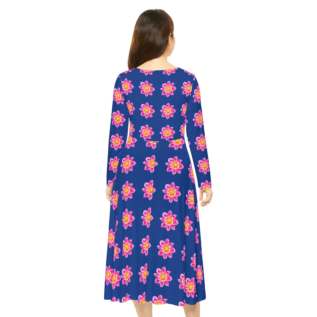 Dark Blue Floral Pink Sunburst Long Sleeve Dance Dress