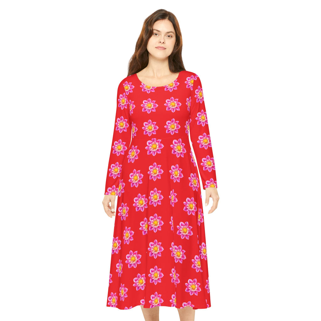 Red Floral Pink Sunburst Long Sleeve Dance Dress