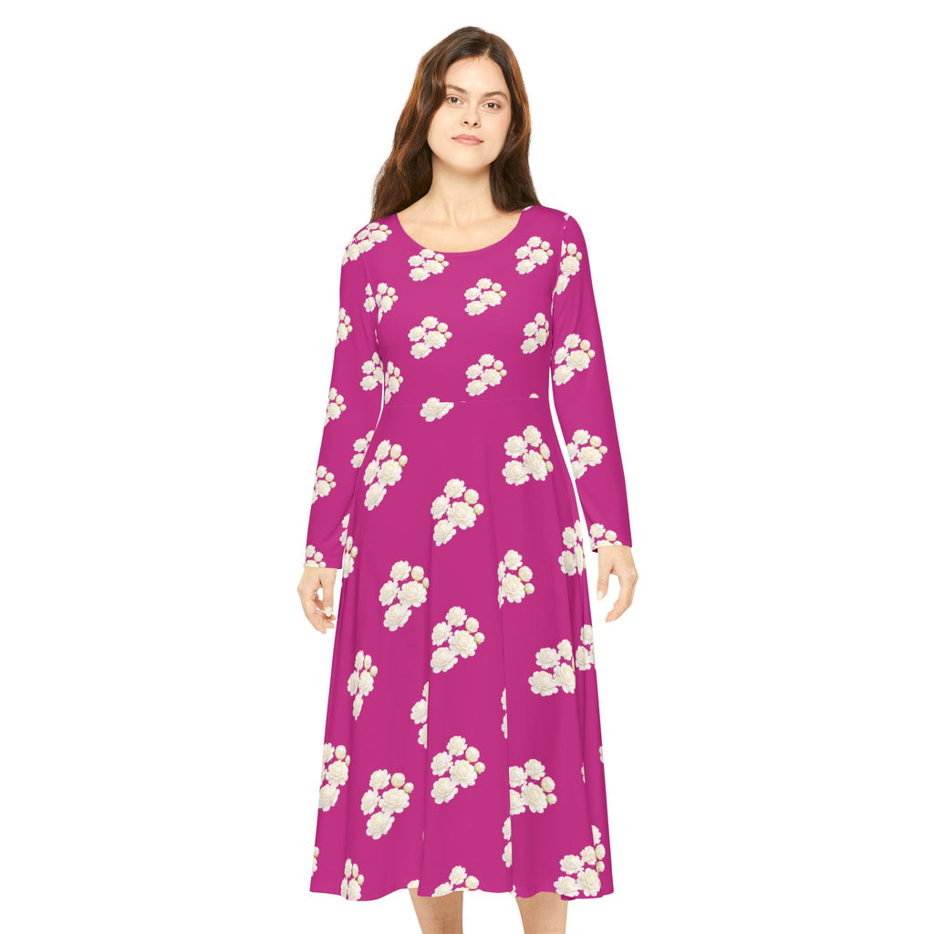 Floral Pink Long-Sleeve Dance Dress — White Blossom All-Over Print