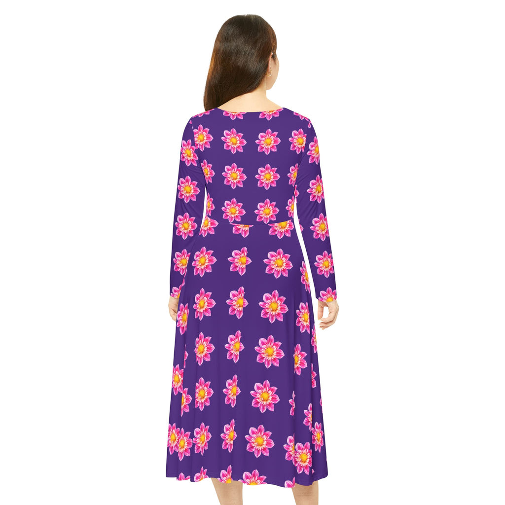 Purple Light Pink Floral Pink Sunburst Long Sleeve Dance Dress