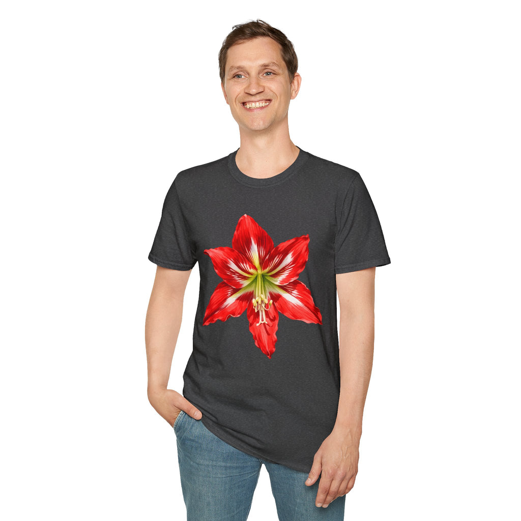 Amaryllis Bloom T-Shirt — Red Floral Botanical Tee for Garden Lovers