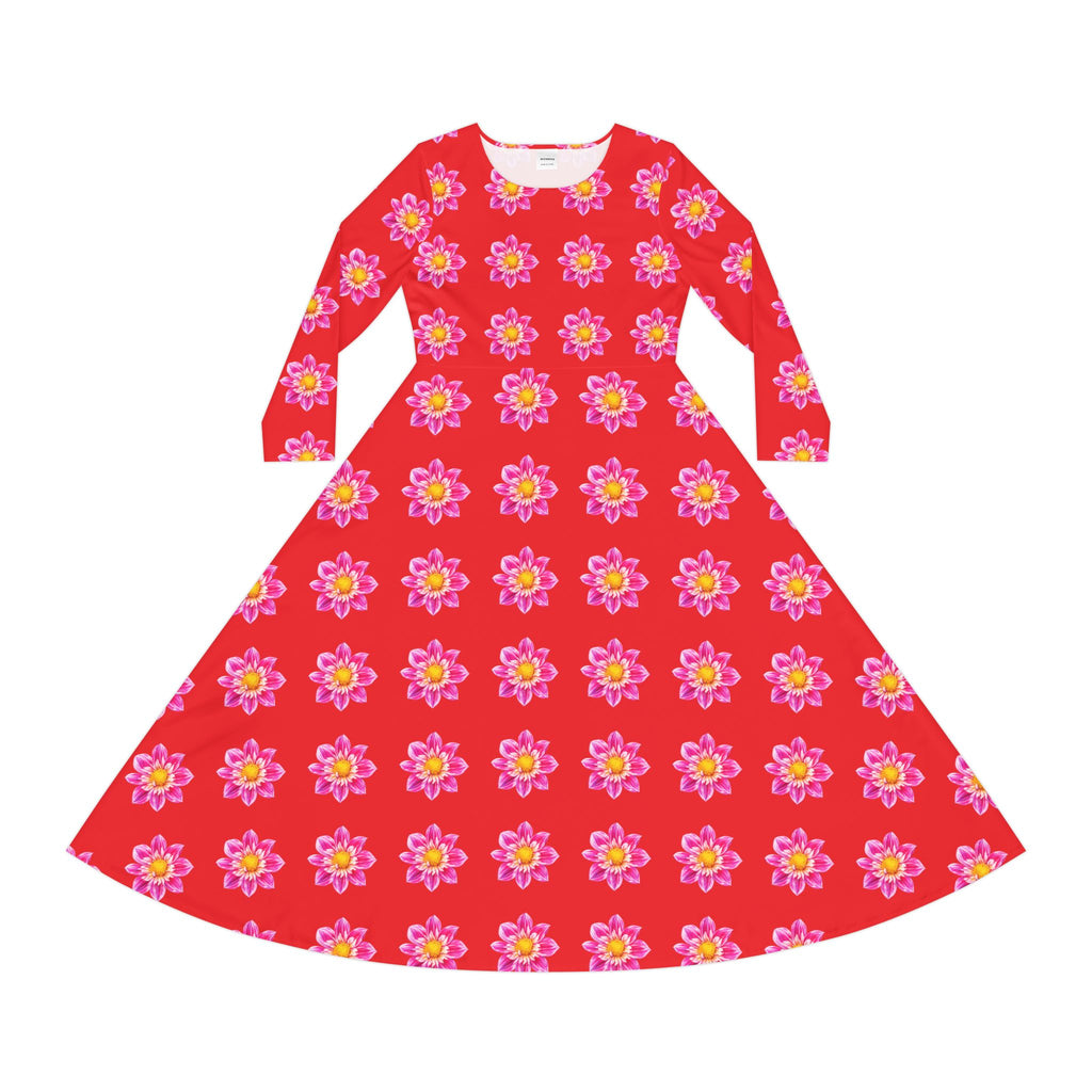 Red Floral Pink Sunburst Long Sleeve Dance Dress