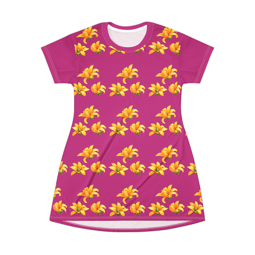 Pink Floral T-Shirt Dress — All-Over Yellow Lily Pattern, Casual Summer Dress