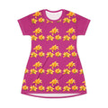Pink Floral T-Shirt Dress — All-Over Yellow Lily Pattern, Casual Summer Dress