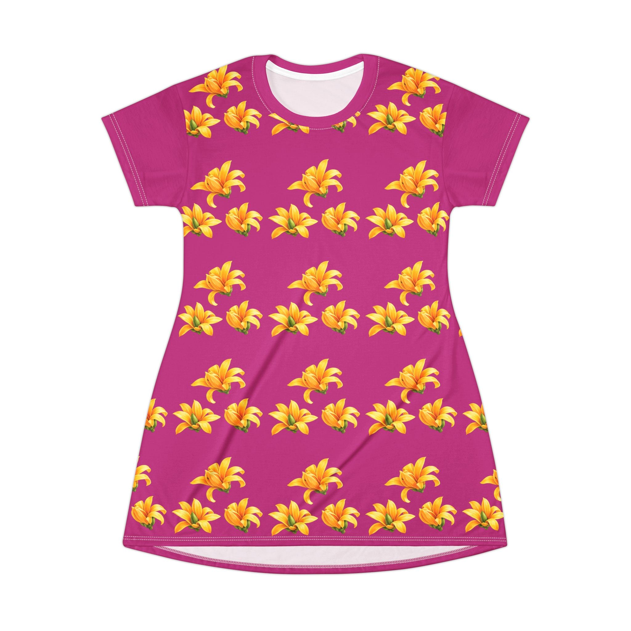 Pink Floral T-Shirt Dress — All-Over Yellow Lily Pattern, Casual Summer Dress