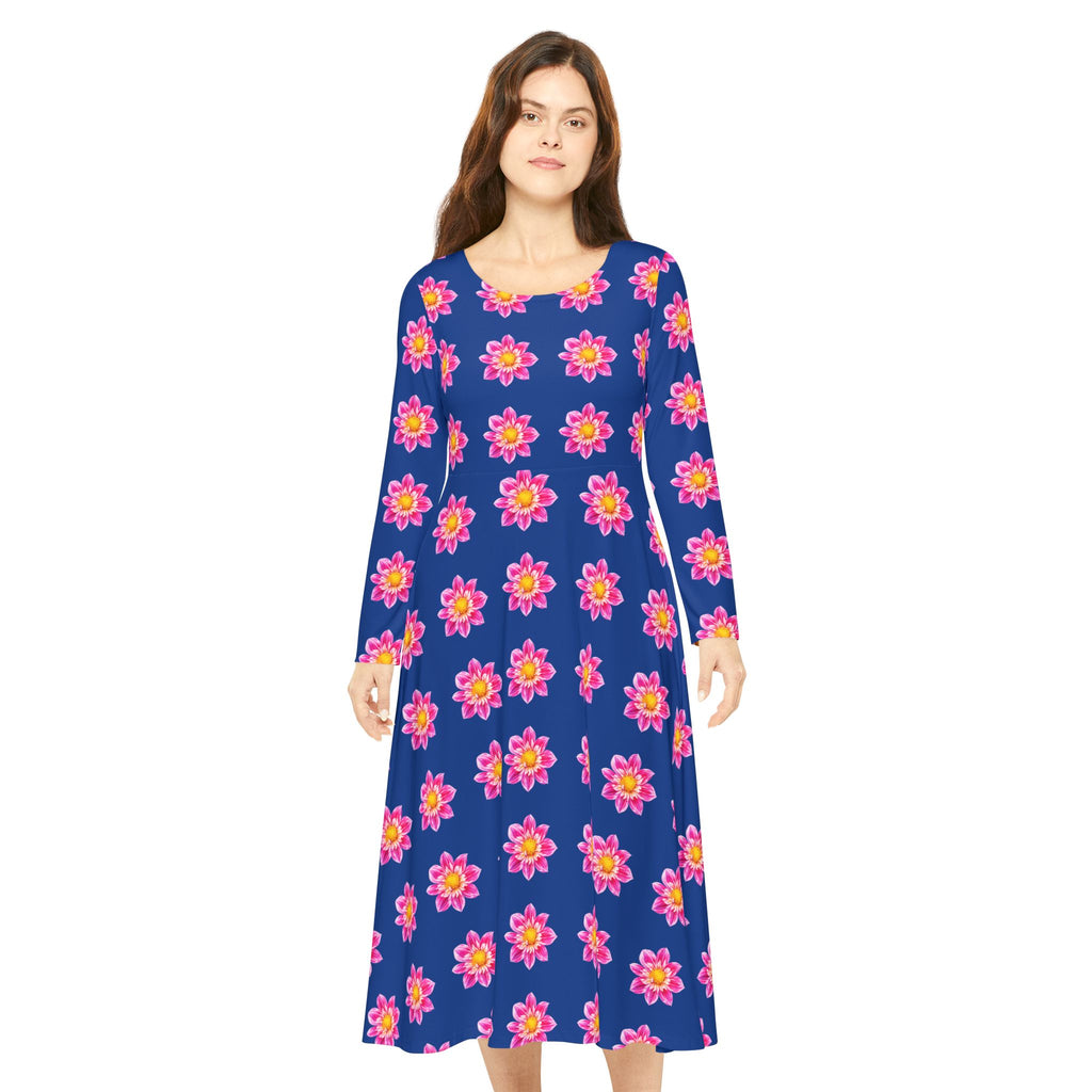 Dark Blue Floral Pink Sunburst Long Sleeve Dance Dress