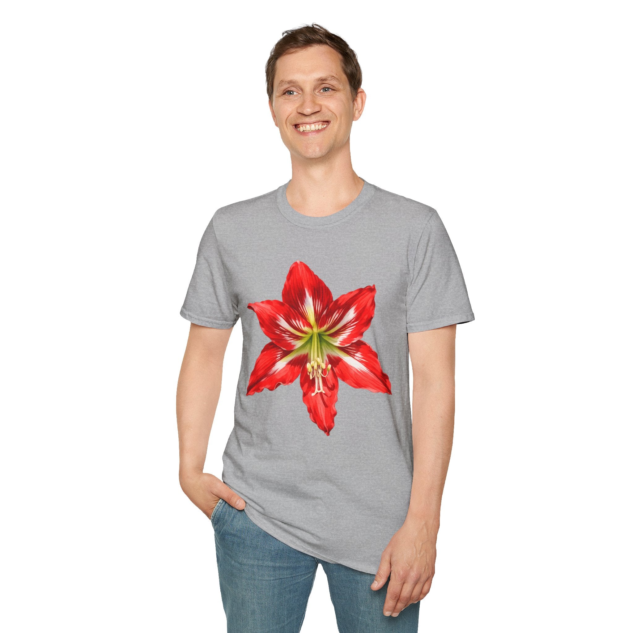 Amaryllis Bloom T-Shirt — Red Floral Botanical Tee for Garden Lovers
