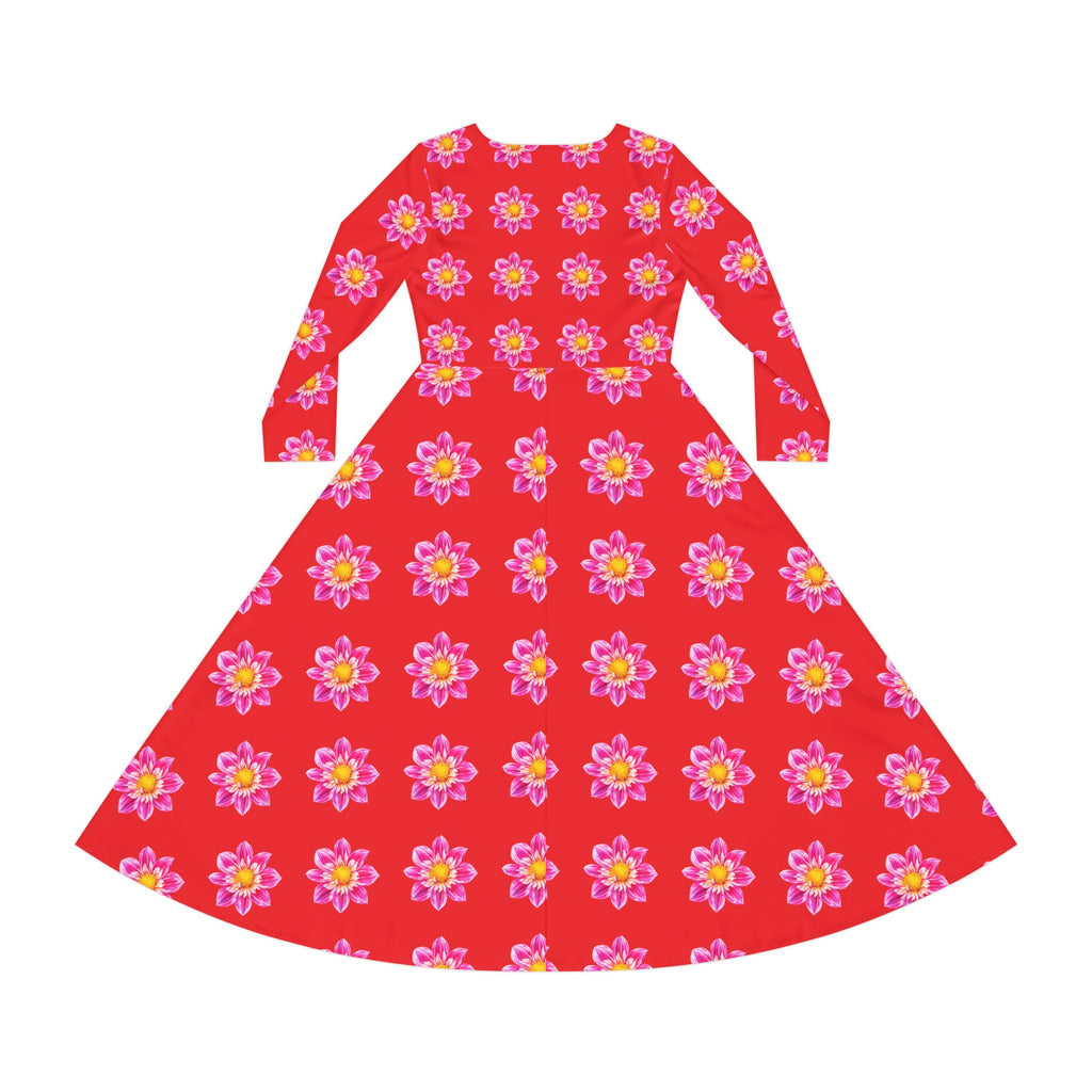 Red Floral Pink Sunburst Long Sleeve Dance Dress