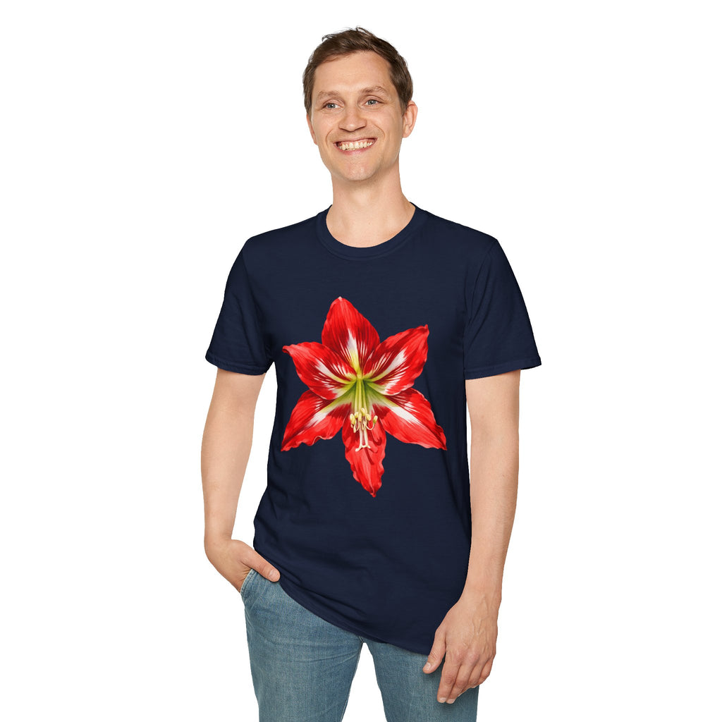 Amaryllis Bloom T-Shirt — Red Floral Botanical Tee for Garden Lovers