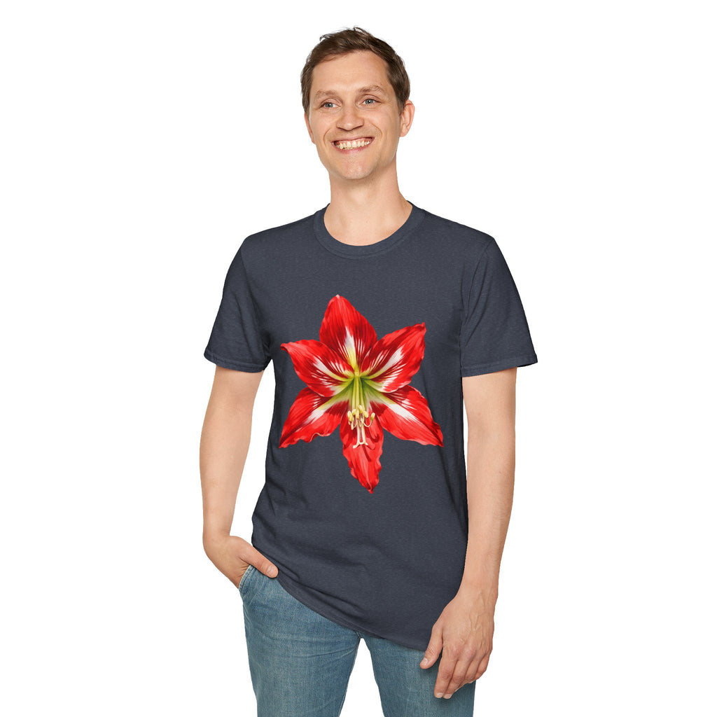 Amaryllis Bloom T-Shirt — Red Floral Botanical Tee for Garden Lovers