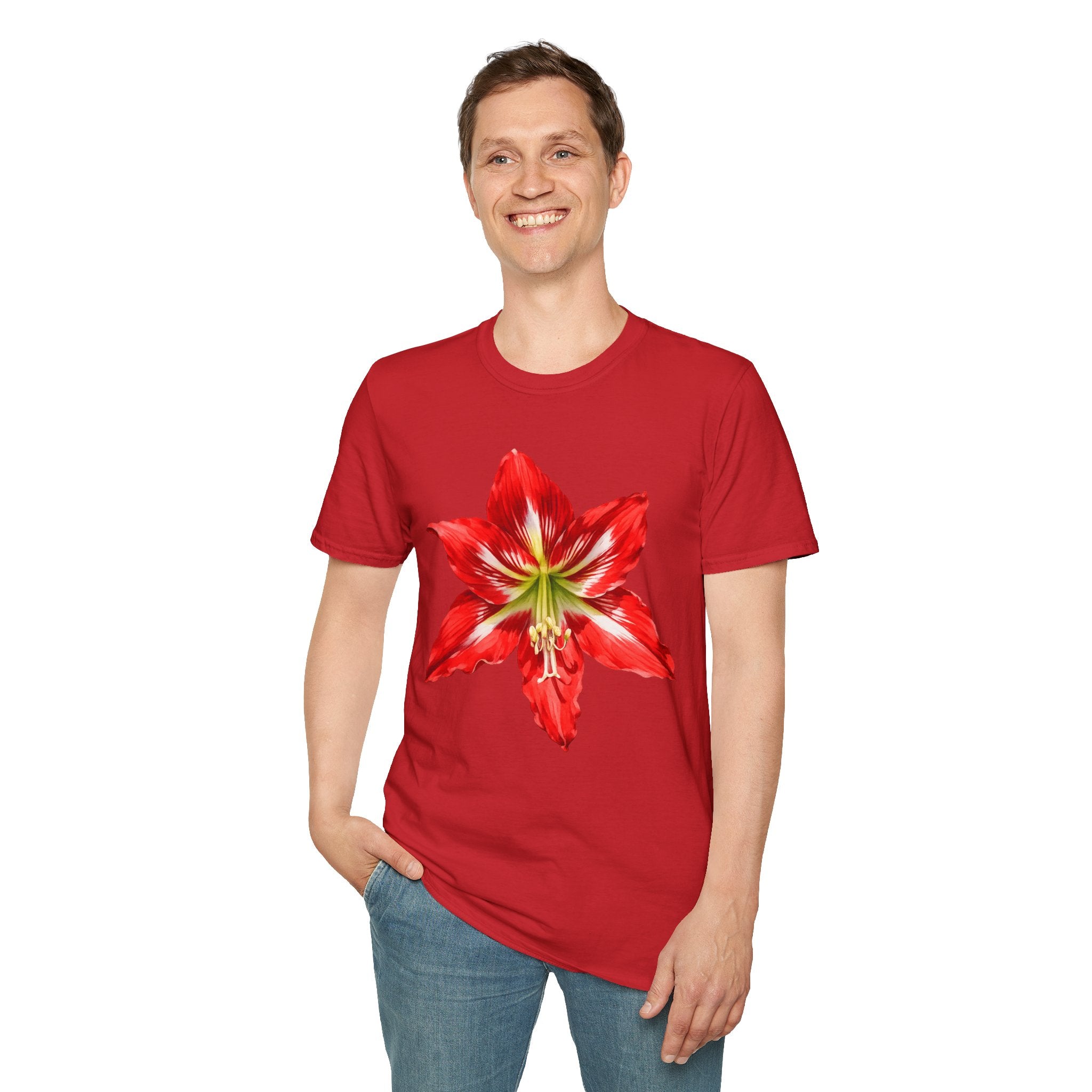 Amaryllis Bloom T-Shirt — Red Floral Botanical Tee for Garden Lovers