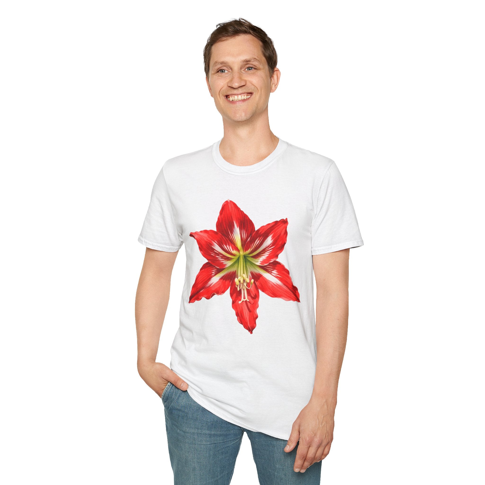 Amaryllis Bloom T-Shirt — Red Floral Botanical Tee for Garden Lovers