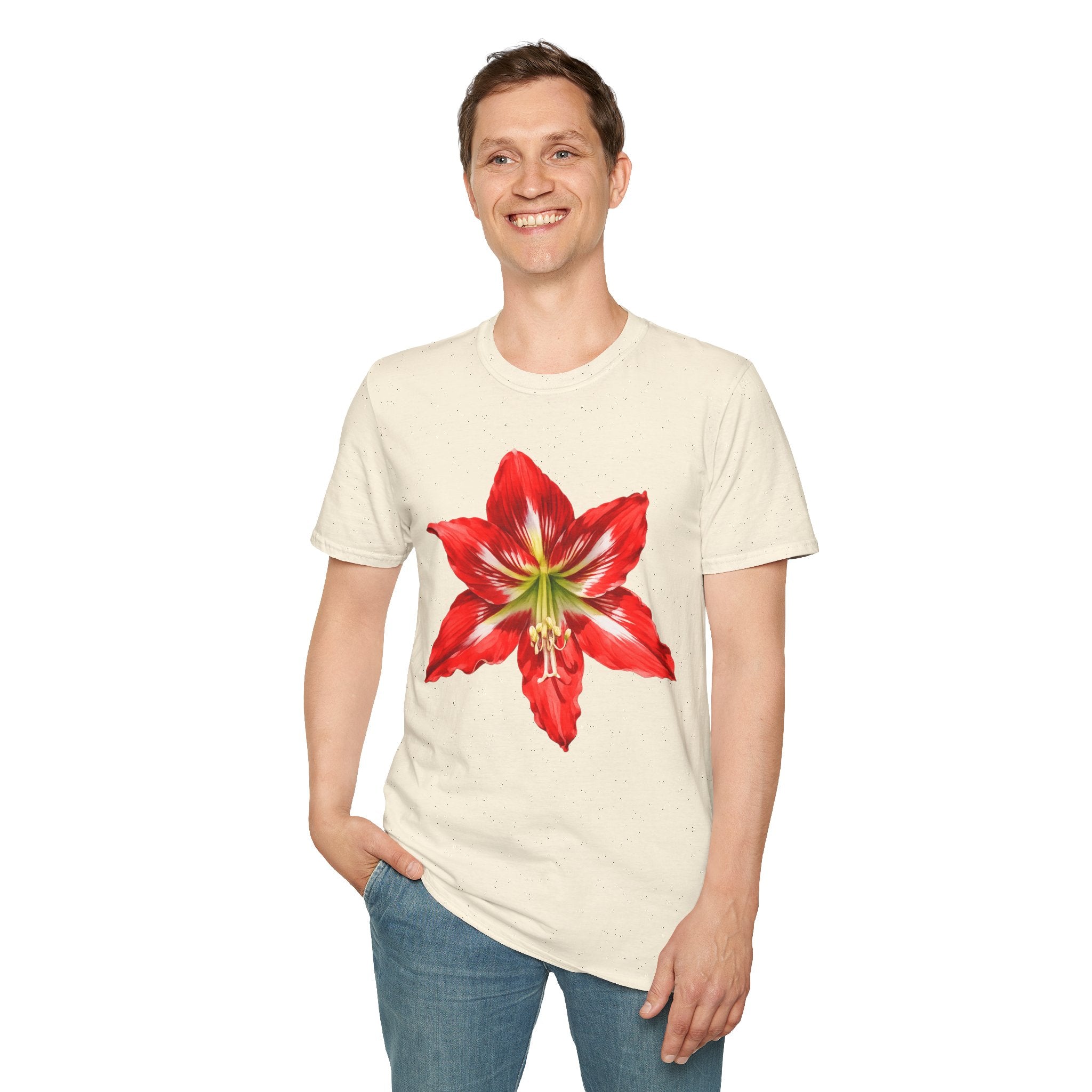 Amaryllis Bloom T-Shirt — Red Floral Botanical Tee for Garden Lovers