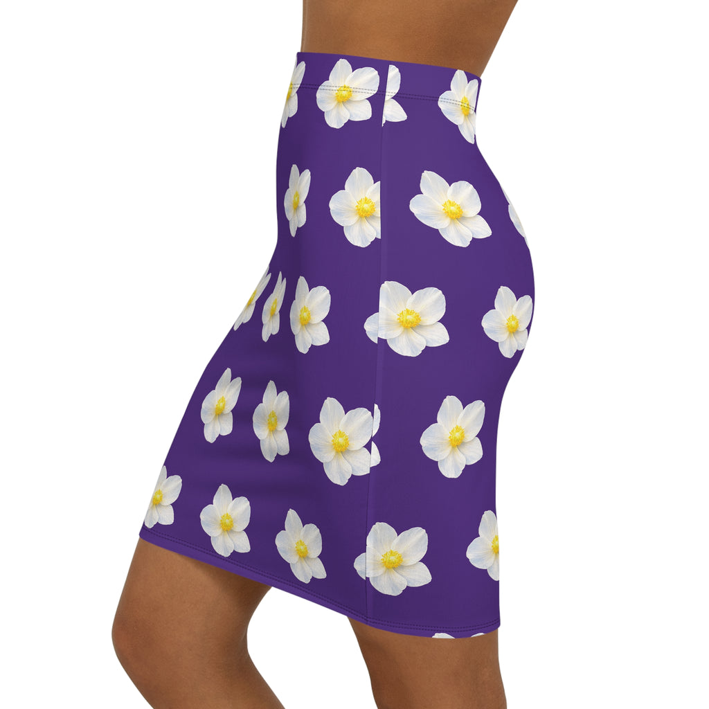 Floral White Gardenia Pencil Skirt — Purple Mid‑Waist AOP