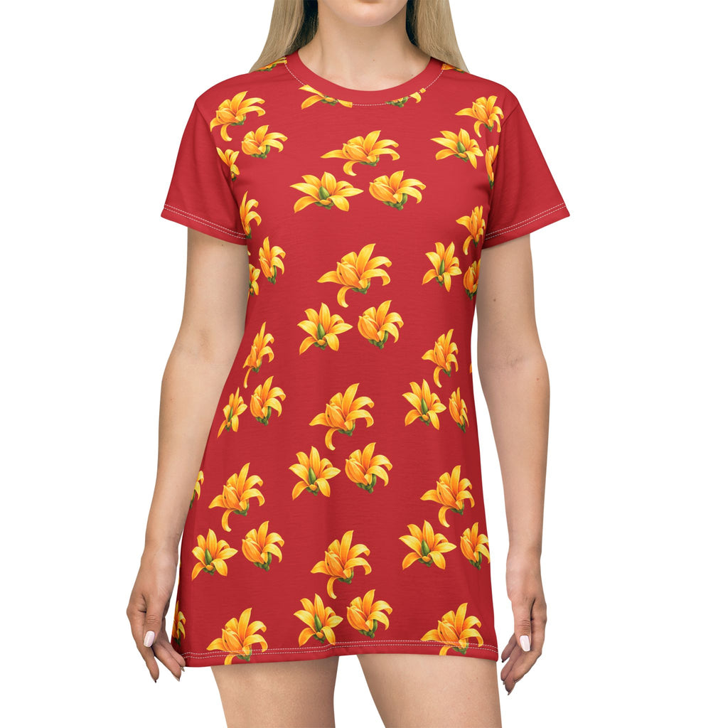 Yellow Lily Allover Print T‑Shirt Dress — Floral AOP Summer Dress