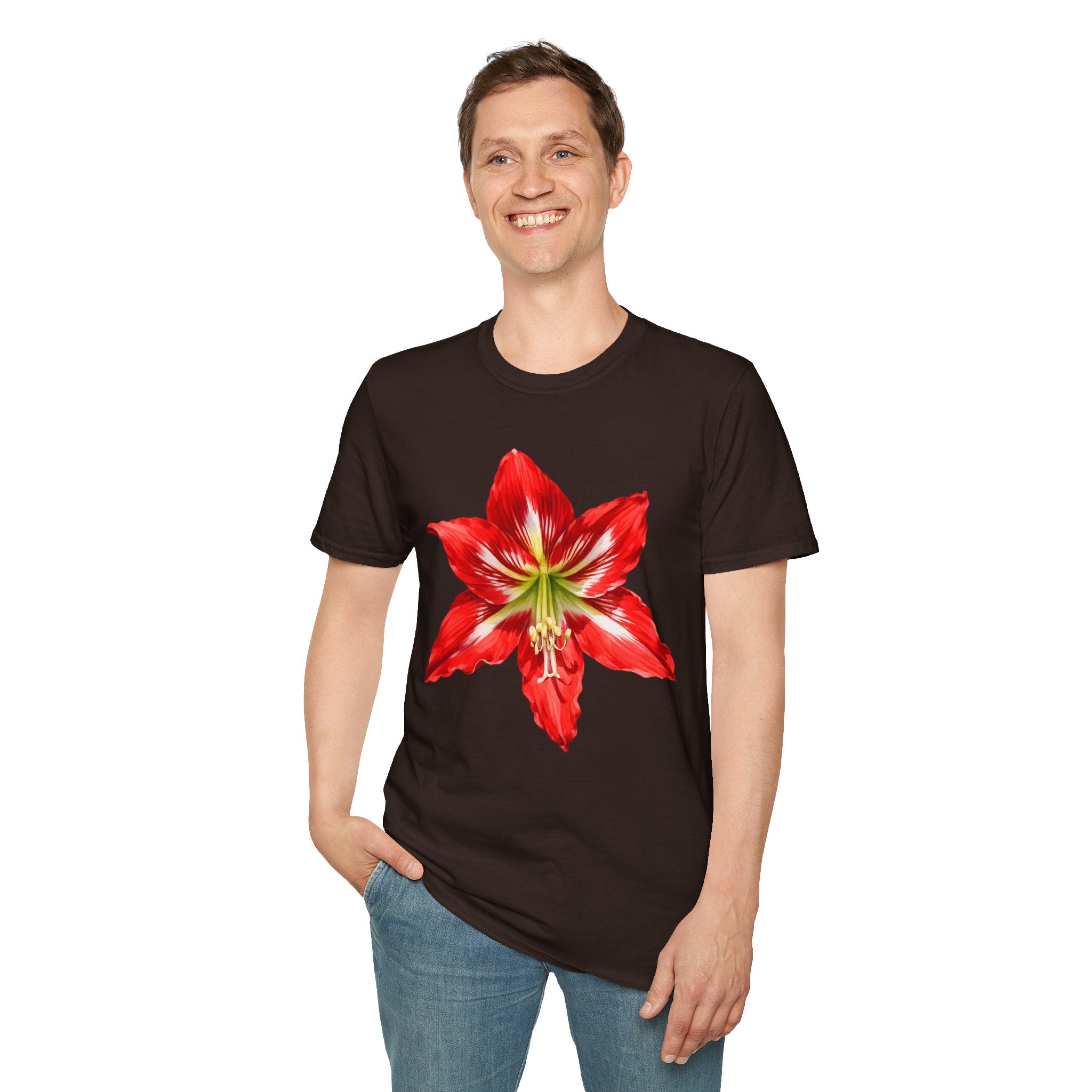 Amaryllis Bloom T-Shirt — Red Floral Botanical Tee for Garden Lovers