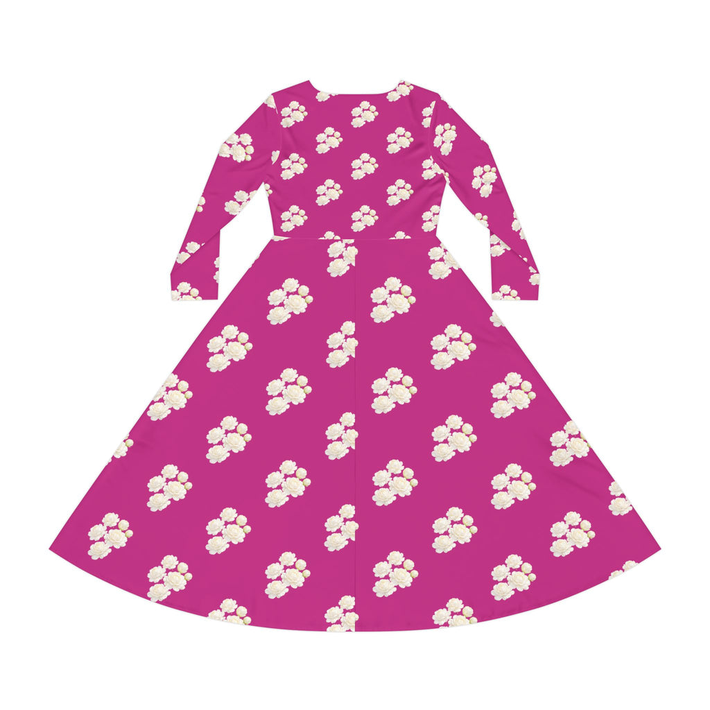 Floral Pink Long-Sleeve Dance Dress — White Blossom All-Over Print