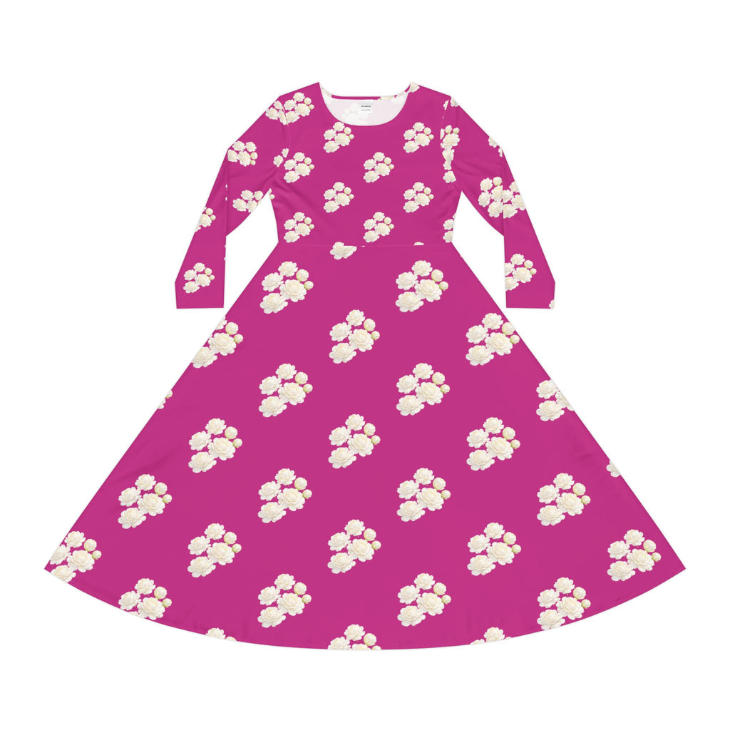 Floral Pink Long-Sleeve Dance Dress — White Blossom All-Over Print
