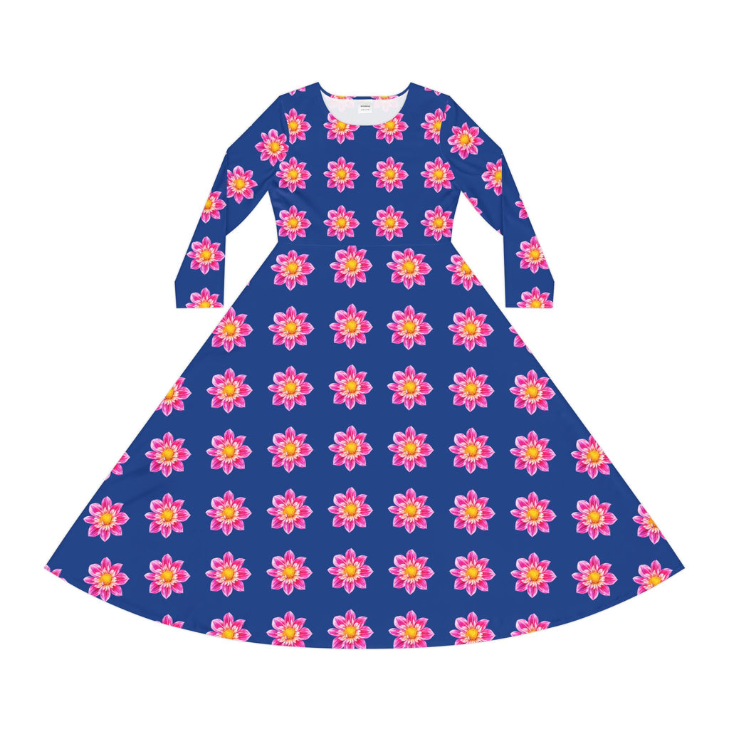 Dark Blue Floral Pink Sunburst Long Sleeve Dance Dress
