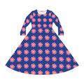 Dark Blue Floral Pink Sunburst Long Sleeve Dance Dress