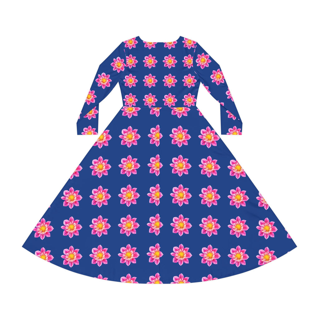 Dark Blue Floral Pink Sunburst Long Sleeve Dance Dress