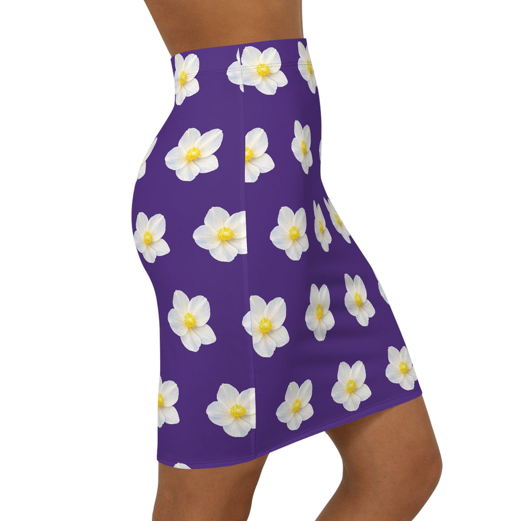 Floral White Gardenia Pencil Skirt — Purple Mid‑Waist AOP