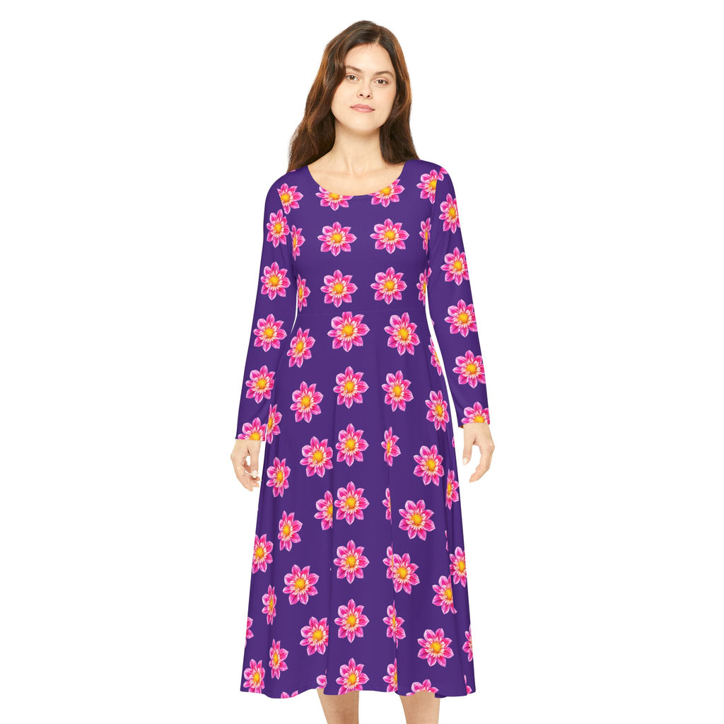 Purple Light Pink Floral Pink Sunburst Long Sleeve Dance Dress
