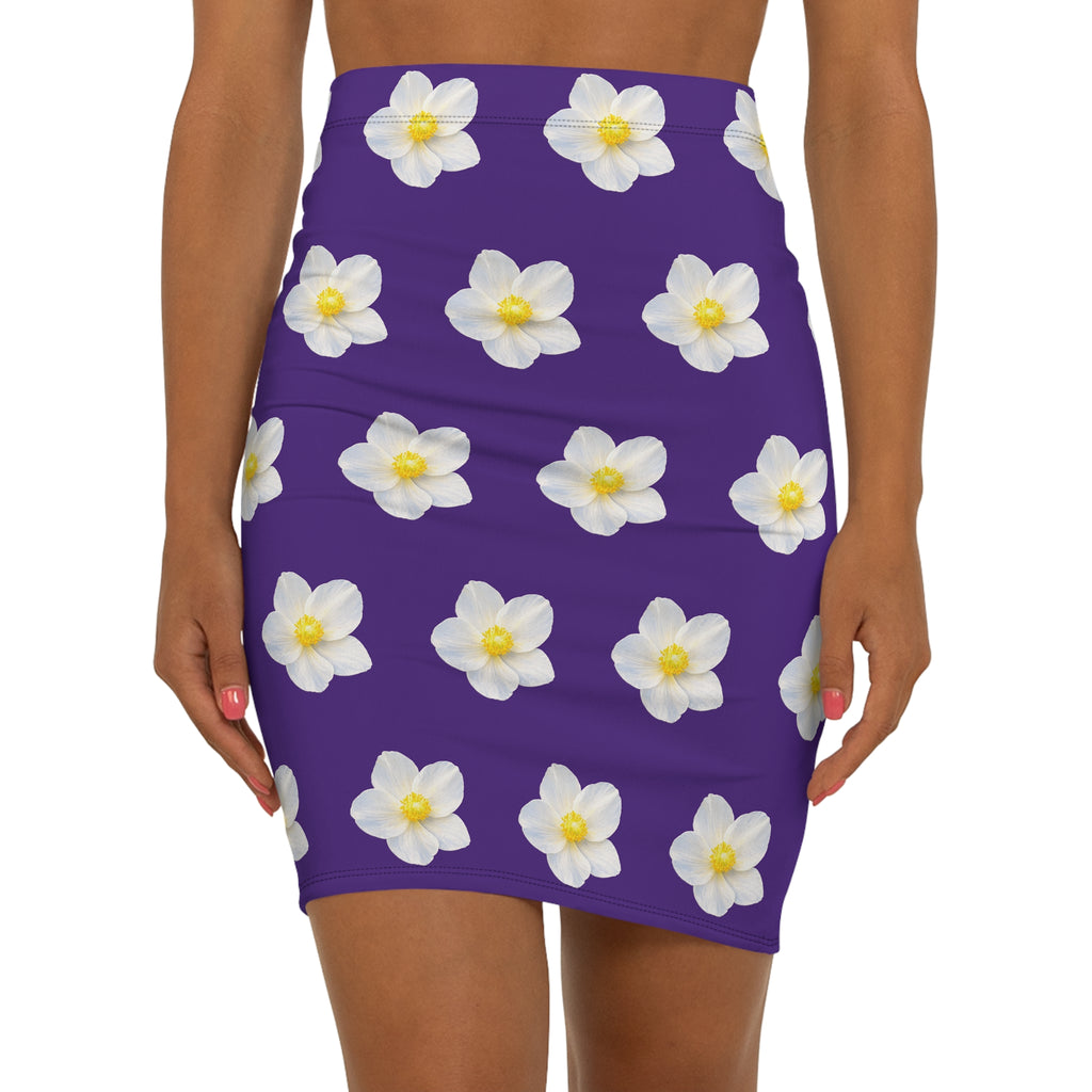 Floral White Gardenia Pencil Skirt — Purple Mid‑Waist AOP