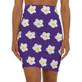 Floral White Gardenia Pencil Skirt — Purple Mid‑Waist AOP