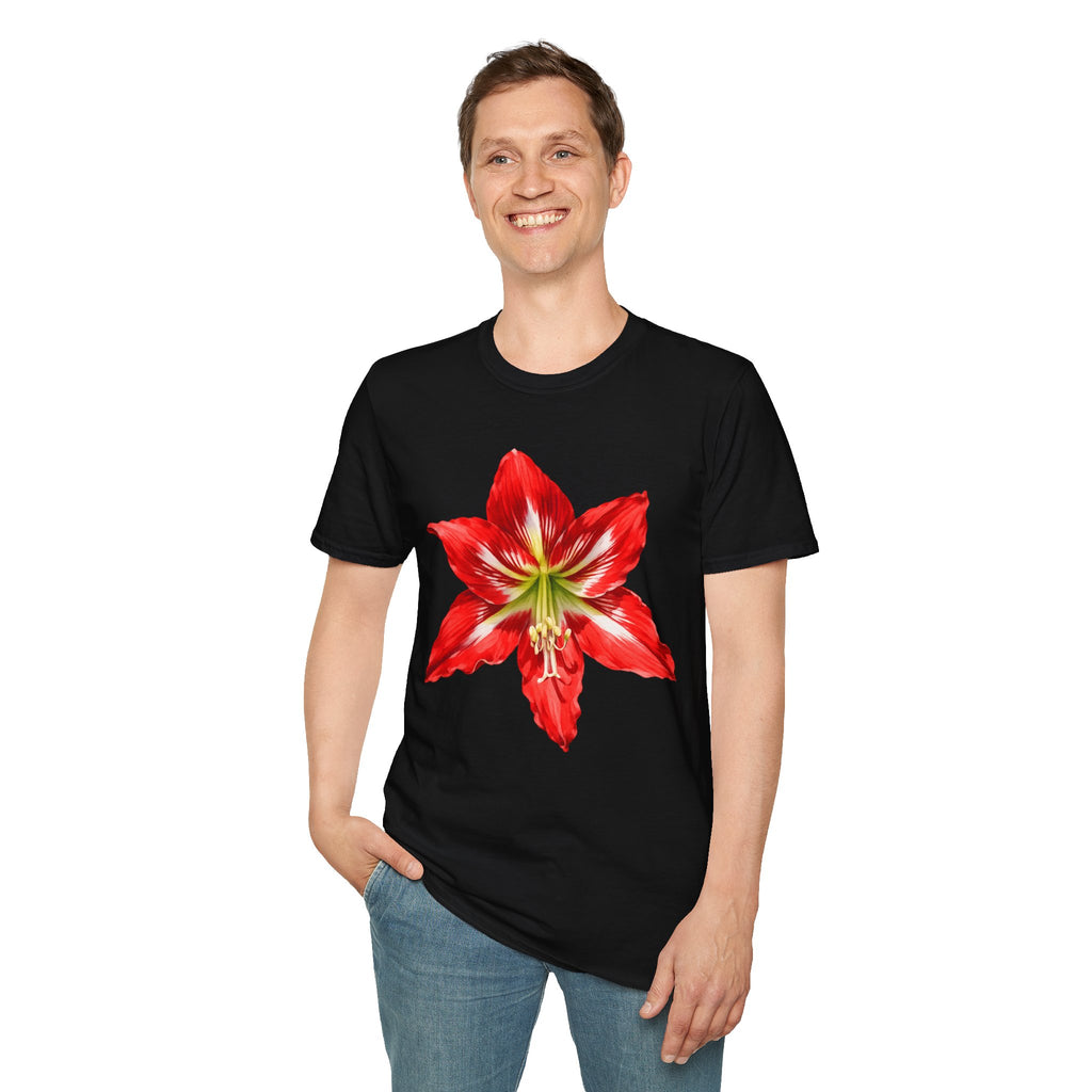Amaryllis Bloom T-Shirt — Red Floral Botanical Tee for Garden Lovers