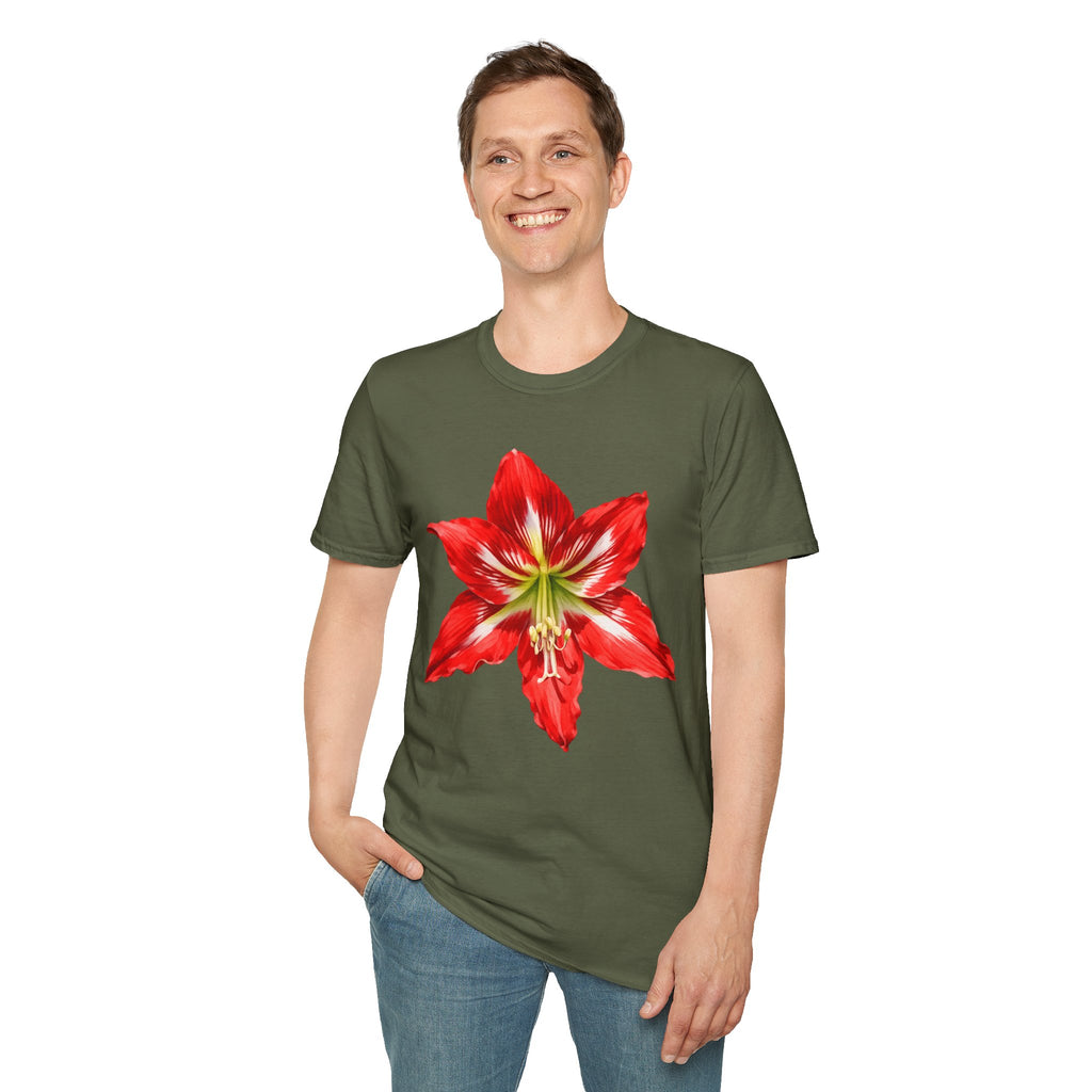 Amaryllis Bloom T-Shirt — Red Floral Botanical Tee for Garden Lovers