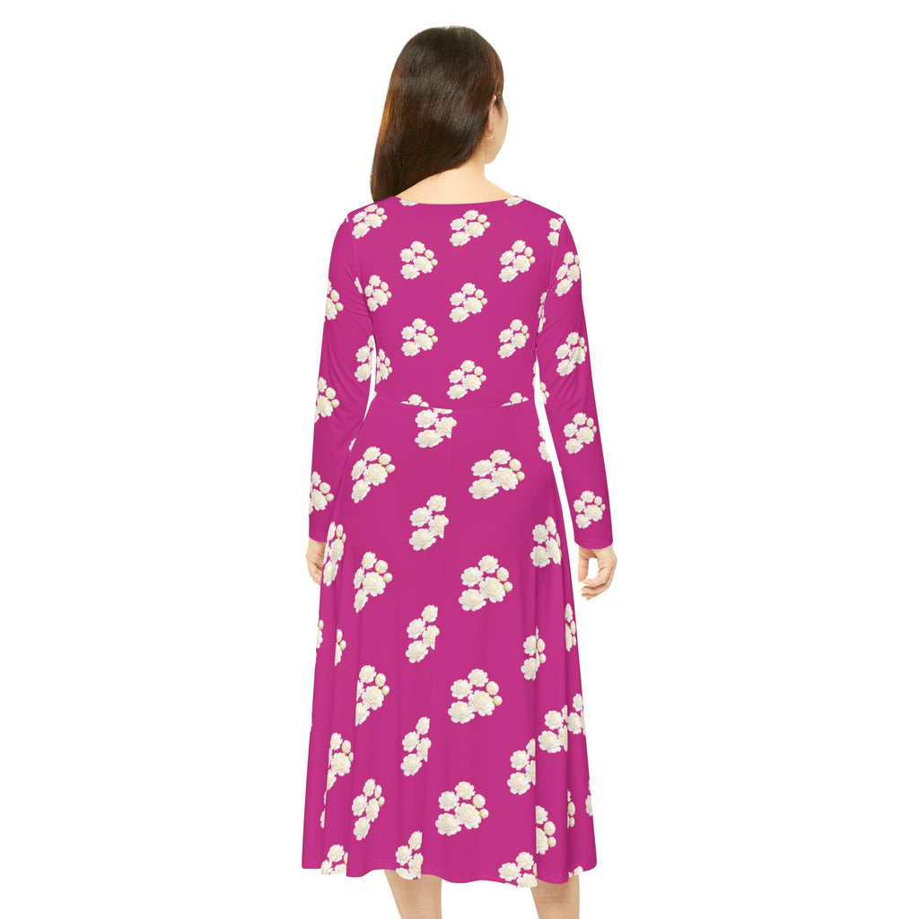 Floral Pink Long-Sleeve Dance Dress — White Blossom All-Over Print