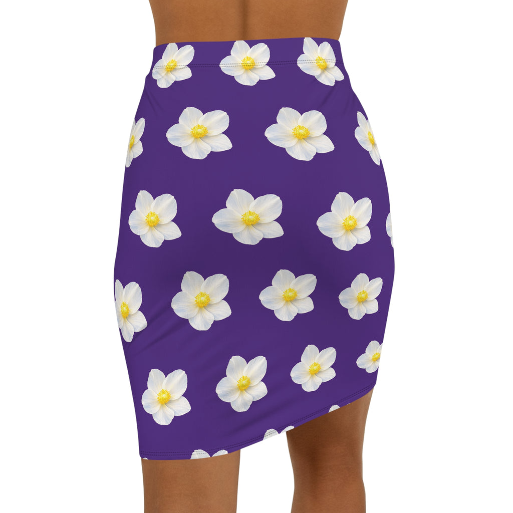 Floral White Gardenia Pencil Skirt — Purple Mid‑Waist AOP